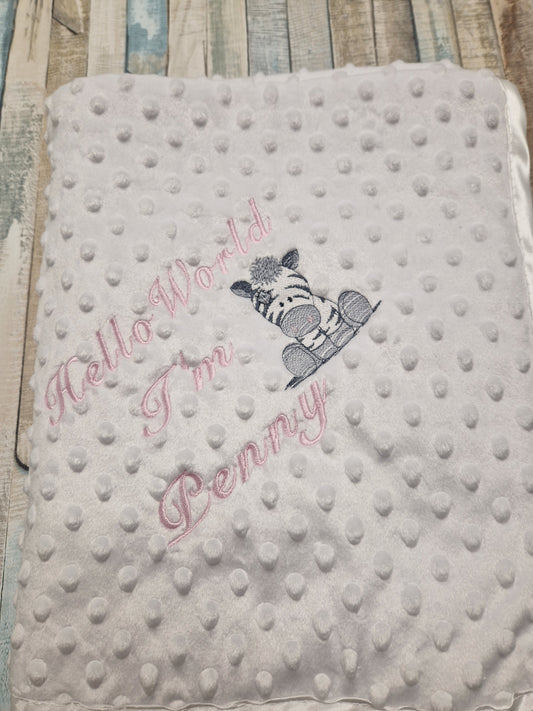 Personalised Hello World White Dimple Wrap With Pink Zebra Embroidered Design
