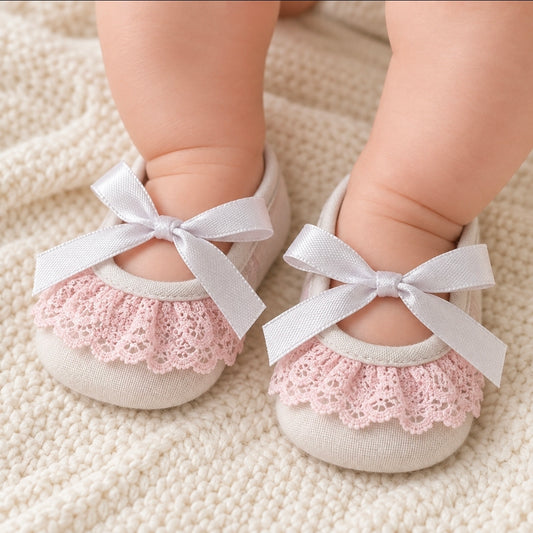 Newborn Baby Girls Velour Lace And Ribbon Bow Pram Shoes