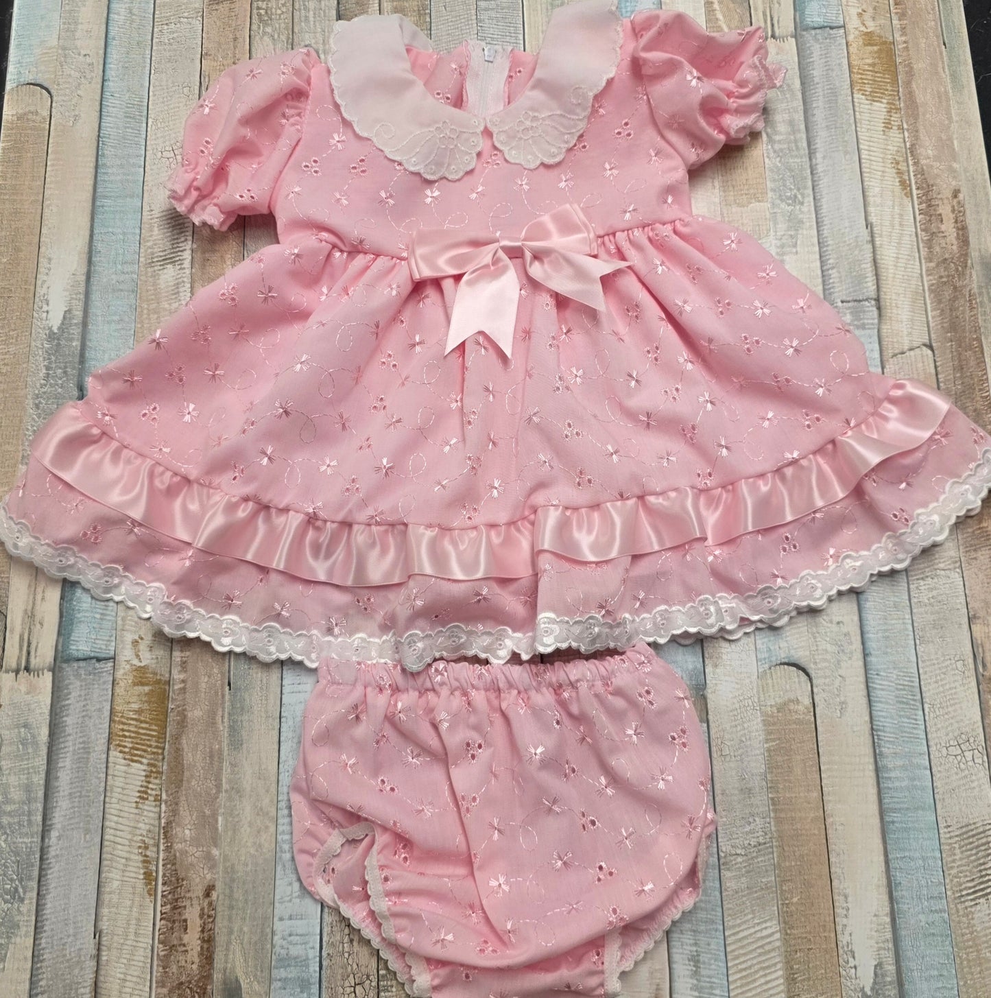 Baby Girls Pink And White Broderie Anglaise  Dress And Pants