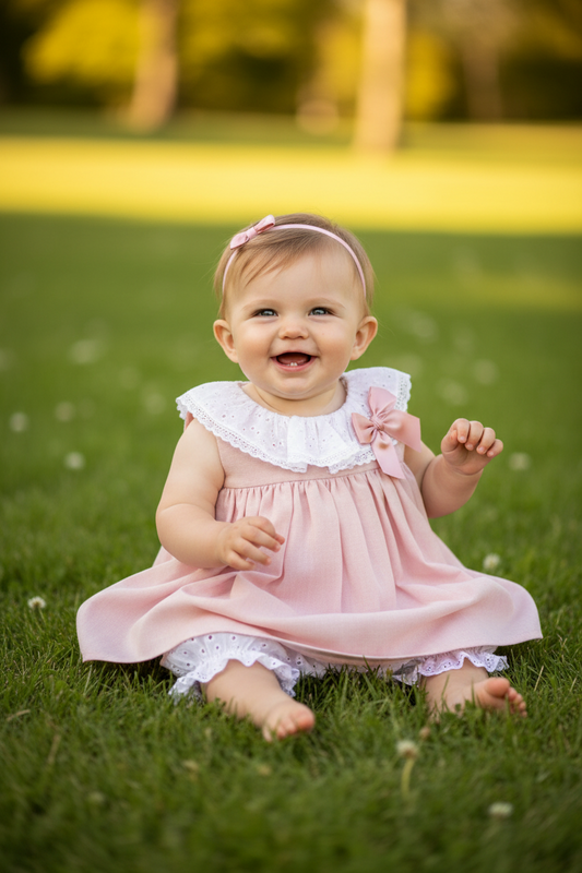 Baby Girls Salmon Pink And White Sleeveless Dress