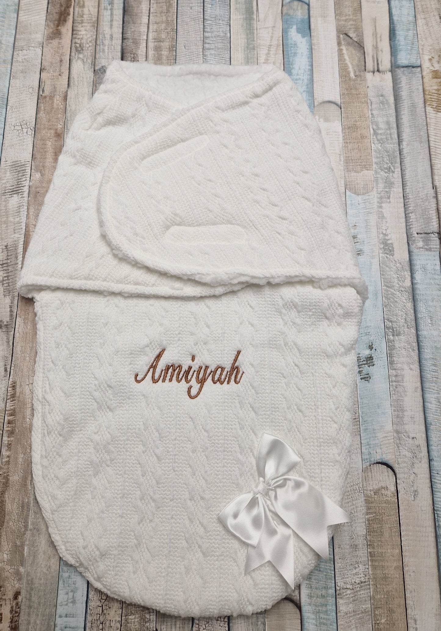 Personalised Unisex Baby White New Cable Style Swaddle With Satin Bow
