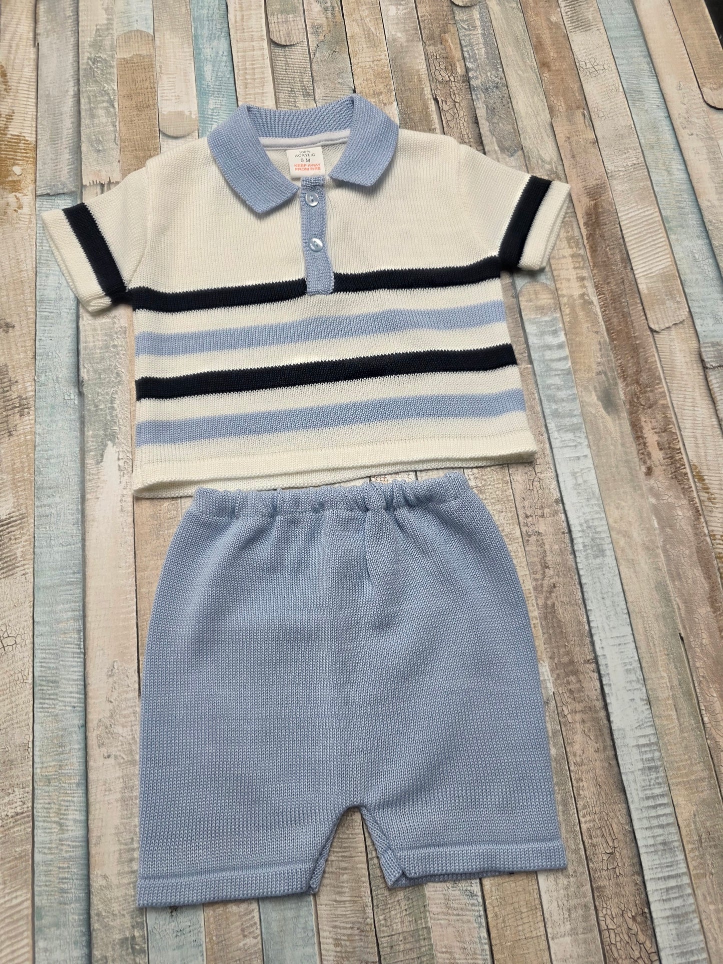 Baby Boys Blue White And Navy Striped Knitted Short Set