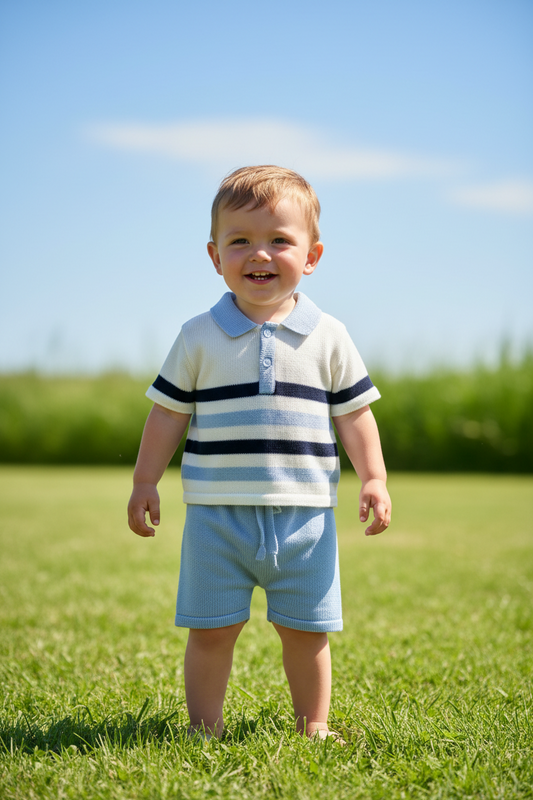 Baby Boys Blue White And Navy Striped Knitted Short Set