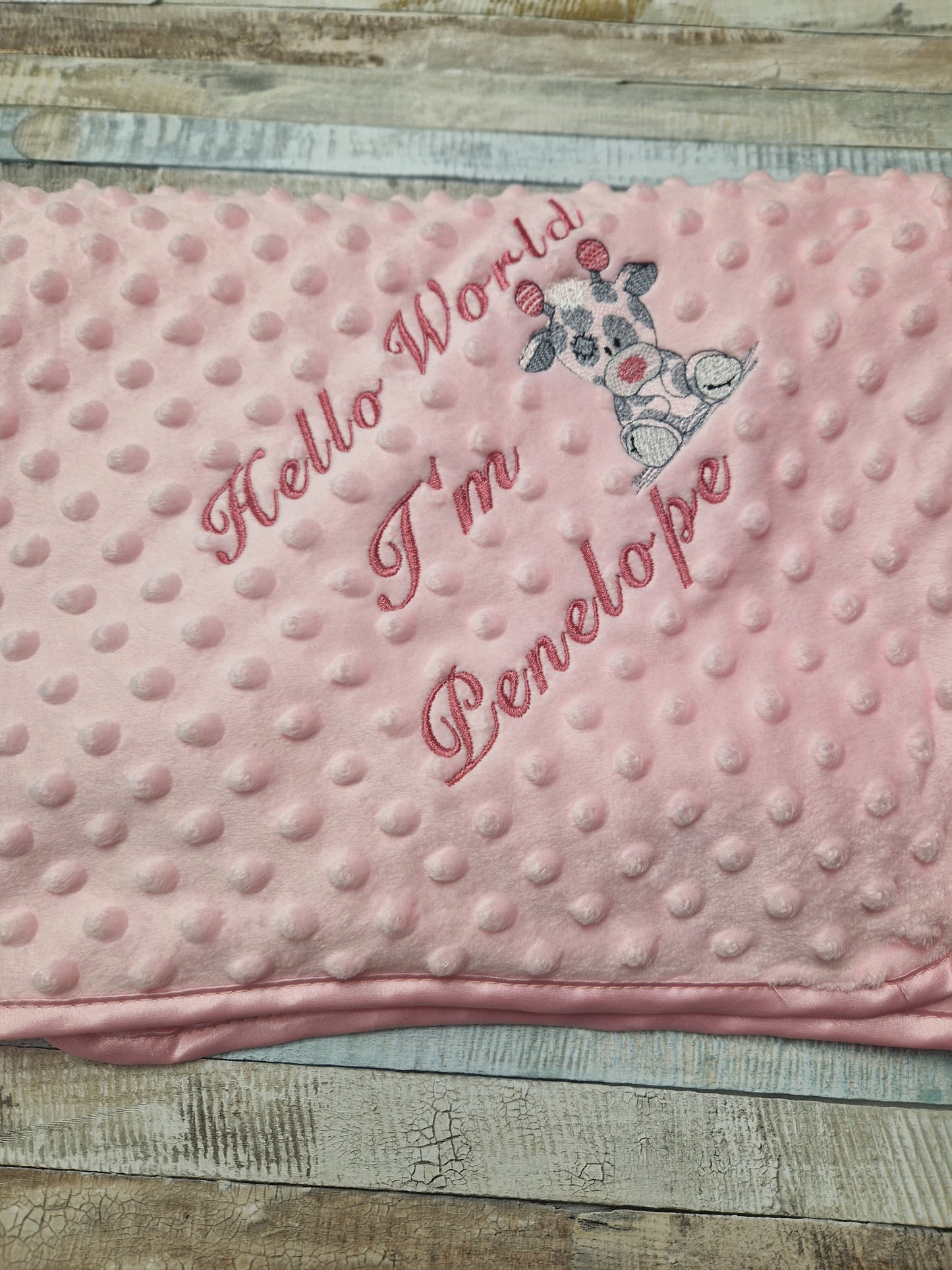 Personalised Hello World Pink Dimple Wrap With Pink Giraffe Embroidered Design