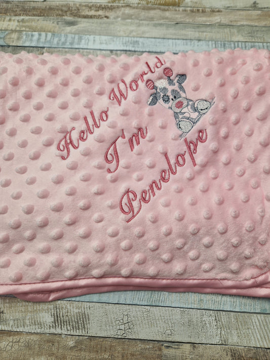 Personalised Hello World Pink Dimple Wrap With Pink Giraffe Embroidered Design