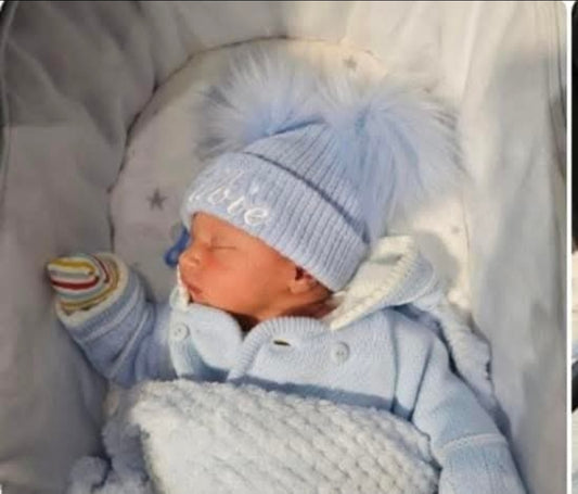 Personalised Baby Blue Knitted Double Blue Fluffy Faux Fur Pom Hat