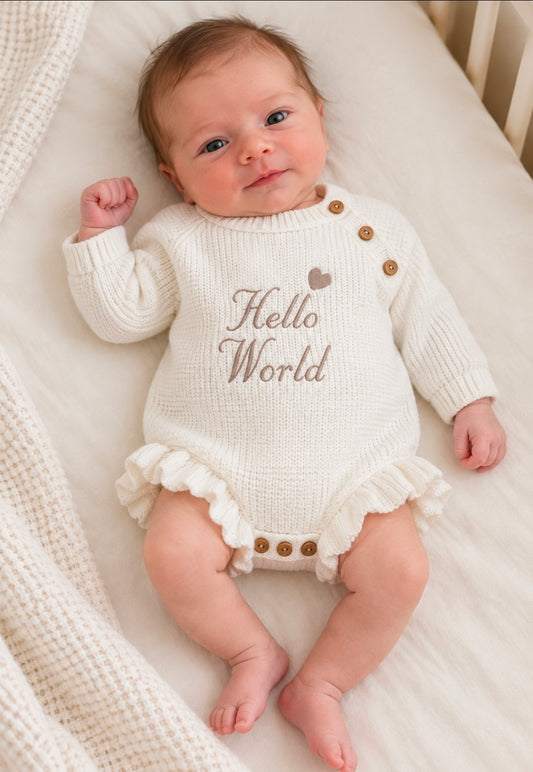 Baby Girls White Frilly Leg Beige Hello World Knitted Romper