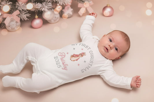 Baby Girls Personalised My First Christmas Printed Rabbit Babygro