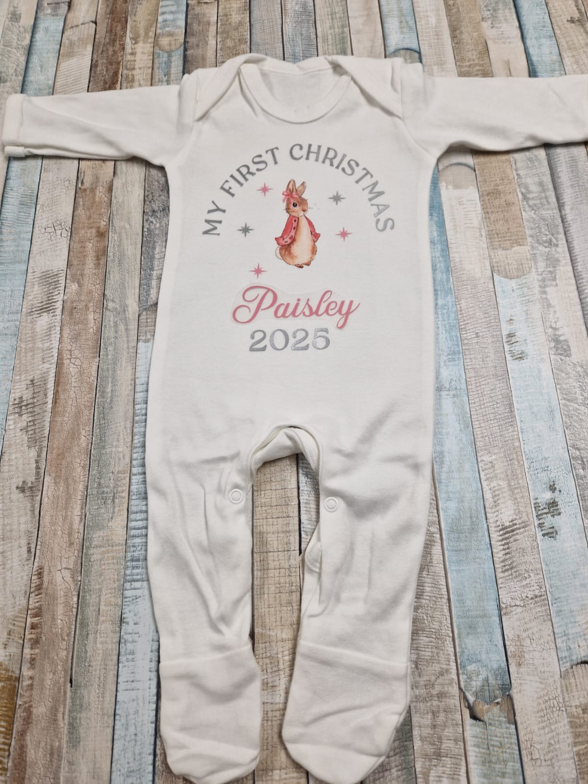 Baby Girls Personalised My First Christmas Printed Rabbit Babygro