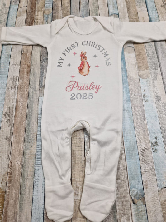 Baby Girls Personalised My First Christmas Printed Rabbit Babygro
