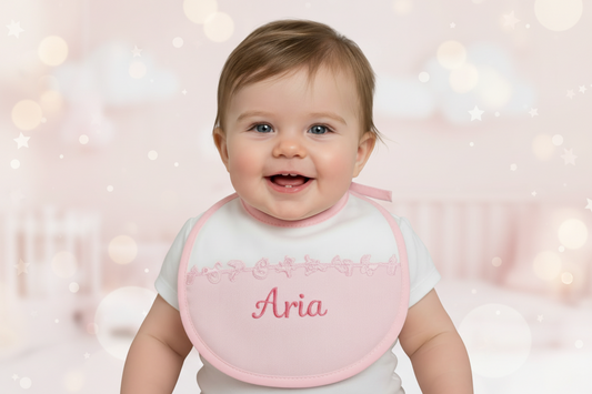 Baby Girls Personalised White And Pink Tie Bib