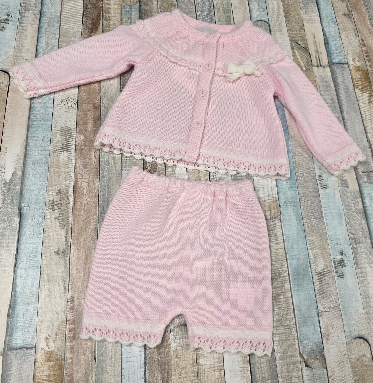 Baby Girls Pink And White Knitted Short Set