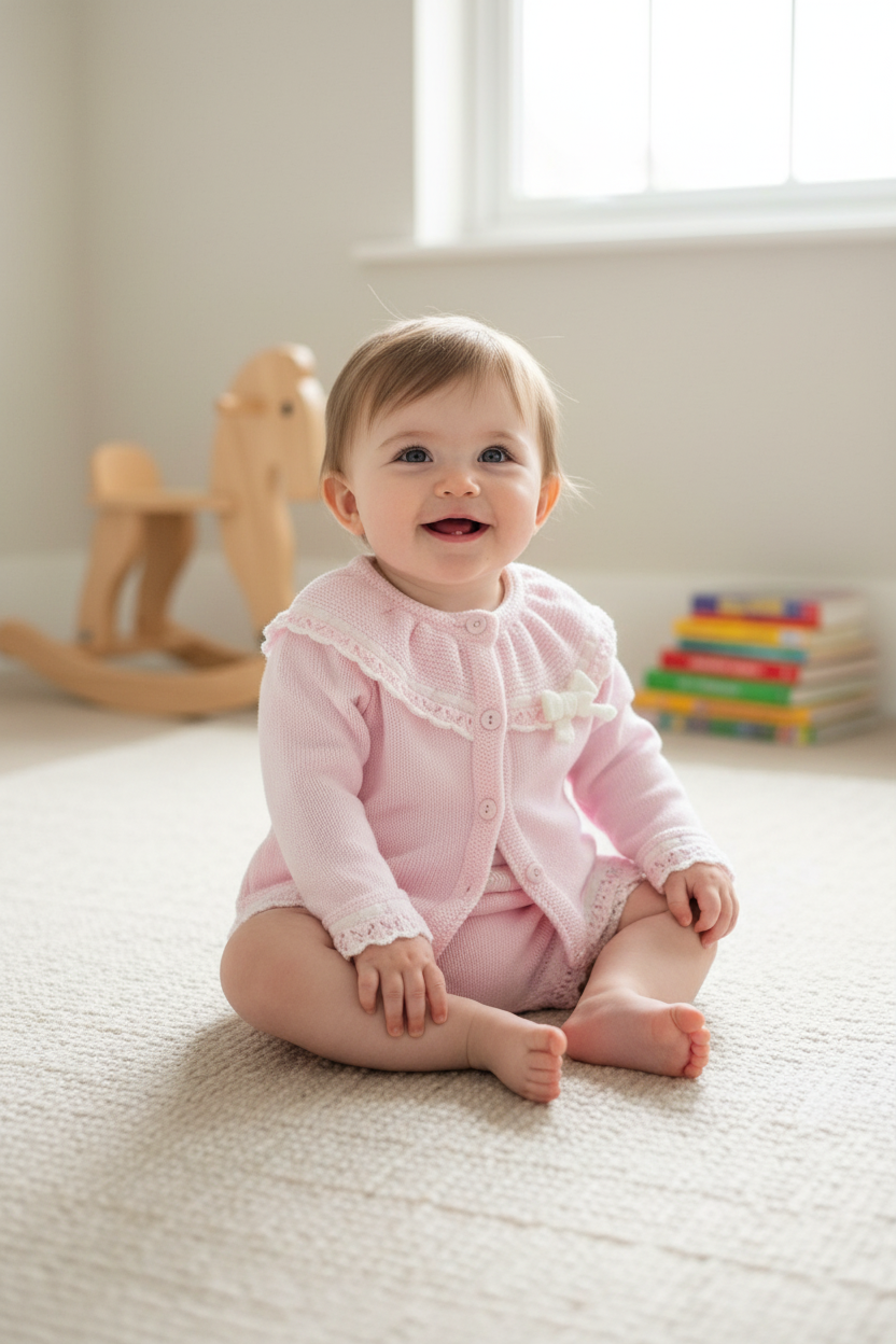 Baby Girls Pink And White Knitted Short Set