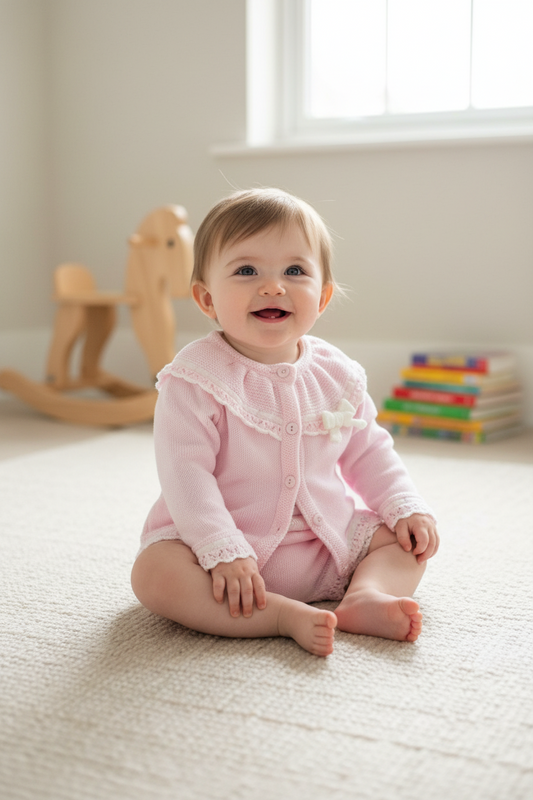 Baby Girls Pink And White Knitted Short Set