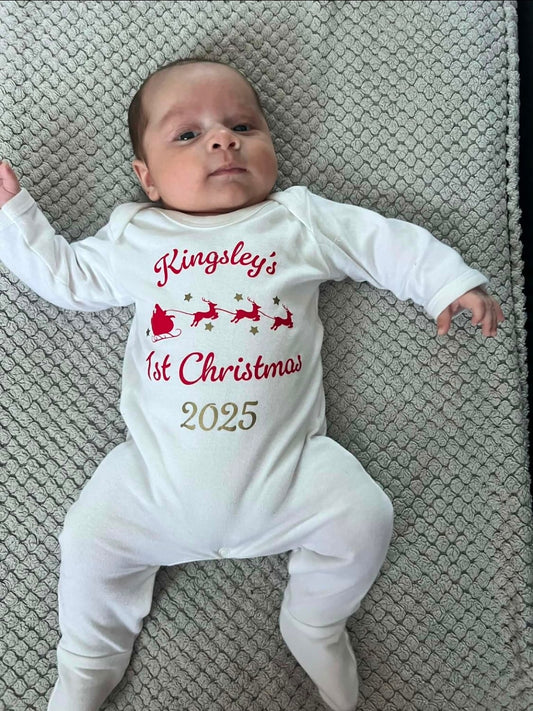 Baby's 1st Christmas Printed Personalised Santa Sleigh Babygro