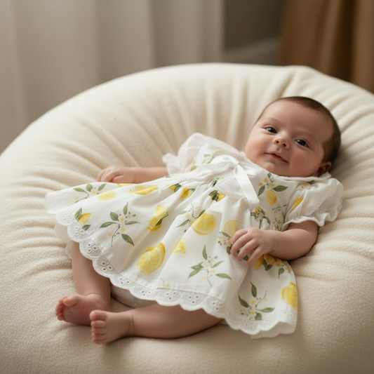 Baby Girls Short Sleeved White Cotton Blouse With Lemon Design Jam Pants Set
