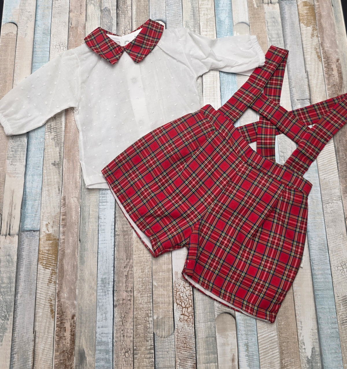 Baby Boys Red Tartan 2 Piece Dungaree Set