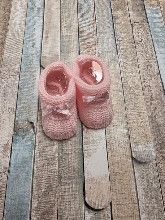 Baby Girl Pink Newborn Knitted Booties With Satin Bow
