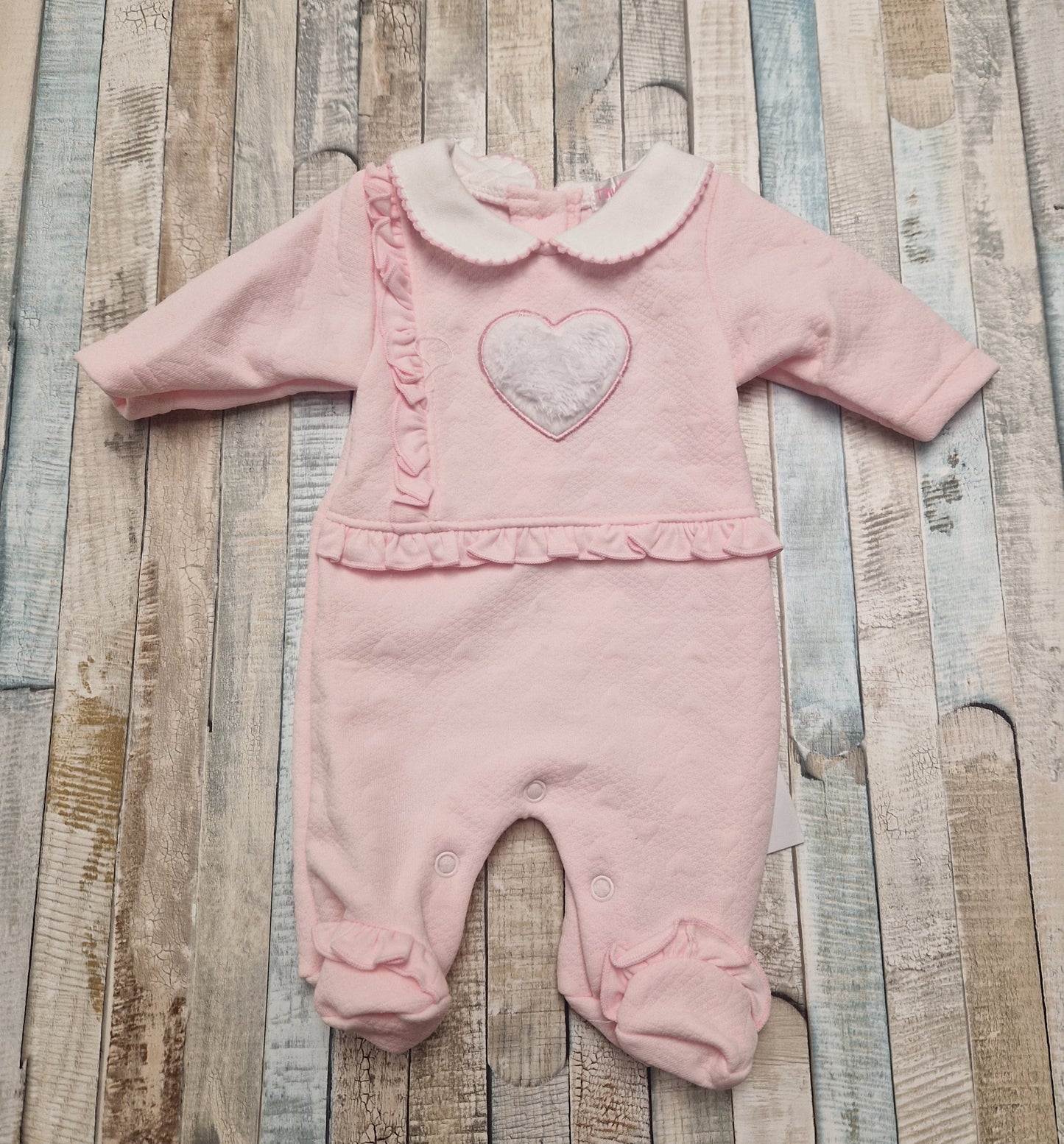 Premature Baby Girls Pink Faux Fur Single Heart Frilled Edge Babygro
