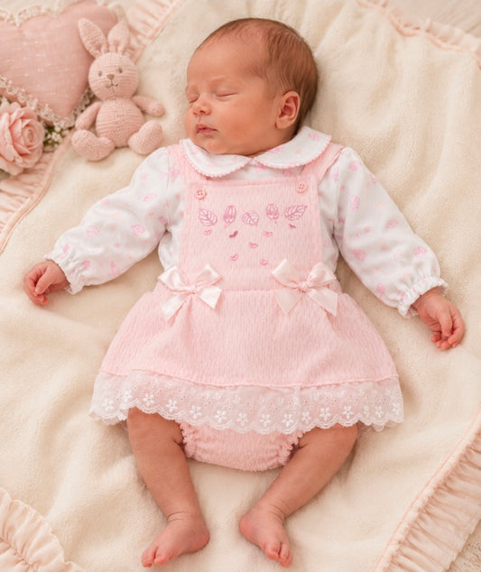 Baby Girls Pink And White Dungaree Dress Set