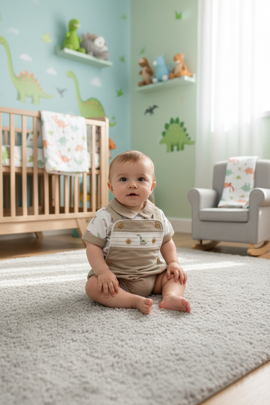 Baby Boys Beige  Dinosaur 2 Pieces Dungaree Set