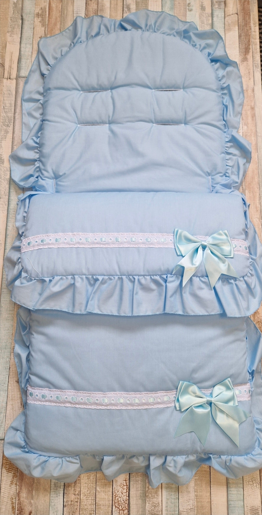 Baby Boys Blue Frill Universal Pushchair Footmuff/ Cosytoes With Blue Satin Side Bow