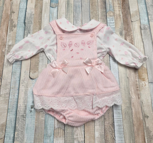 Baby Girls Pink And White Dungaree Dress Set