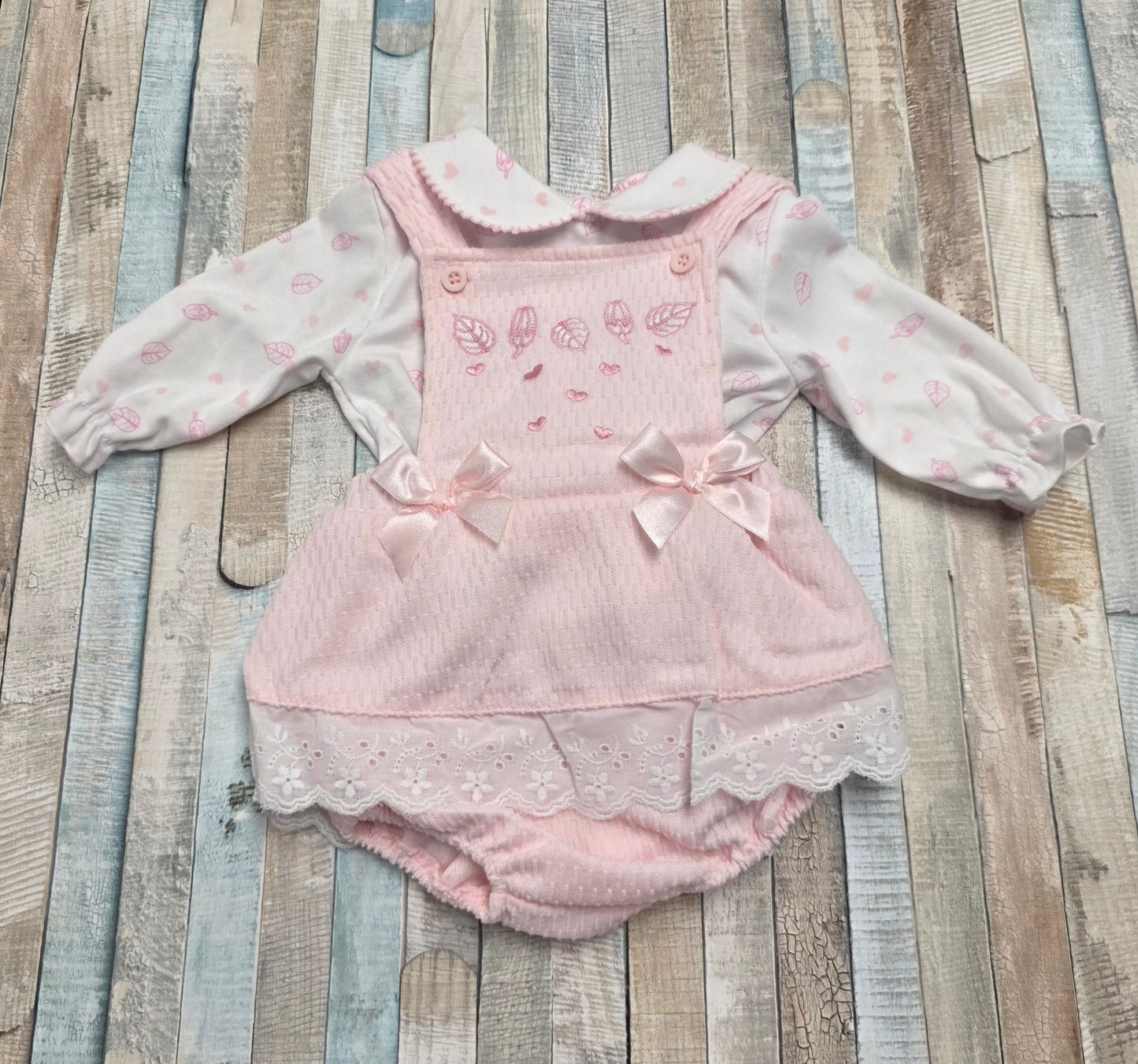 Baby Girls Pink And White Dungaree Dress Set