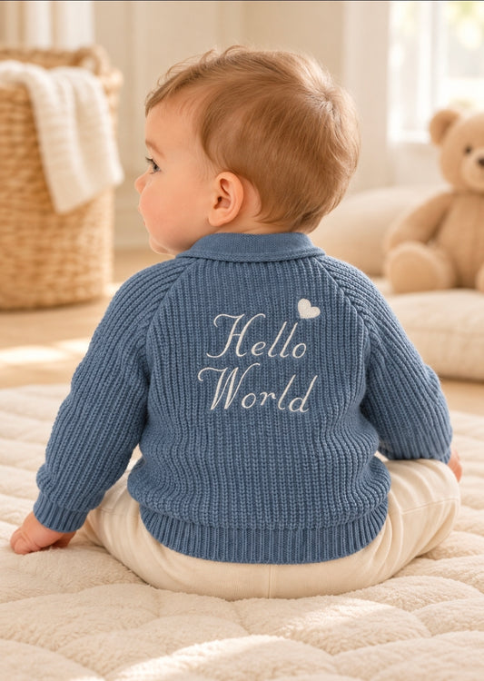 Baby Boys Dusky Blue Hello World Ribbed Cardigan