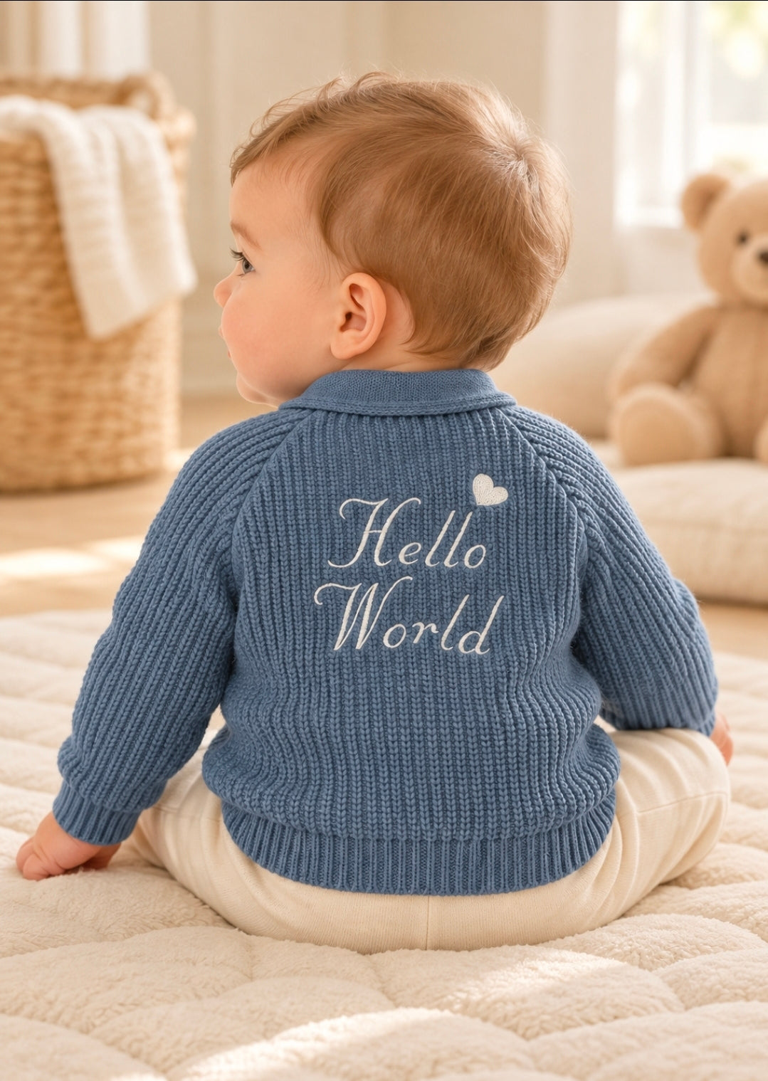 Baby Boys Dusky Blue Hello World Ribbed Cardigan