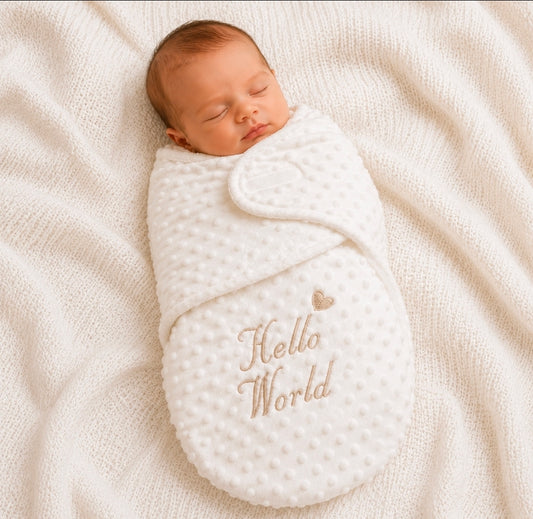 Hello World White Dimple Swaddle With Beige Embroidery
