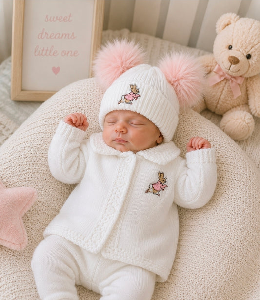 Baby White Hat With Pink Rabbit Double Pink Fluffy Faux Fur Pom Pom Hat