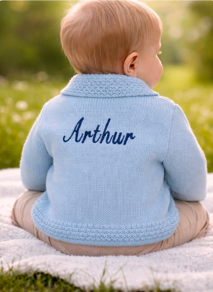 Personalised Blue Baby Boys Cardigan With Collar
