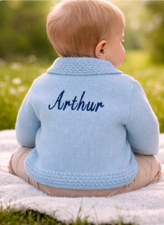 Personalised Blue Baby Boys Cardigan With Collar