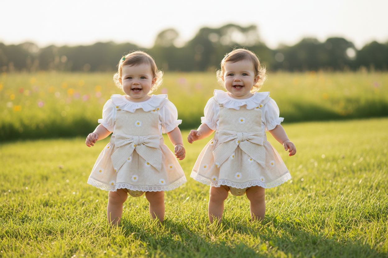 Baby Girls Beige And White Gingham Dungaree Dress Set with Lace and Bow