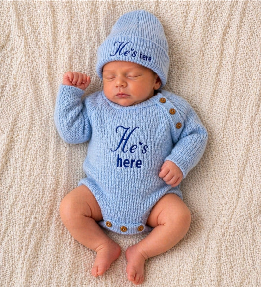 Baby Boys Blue He's Here Long Sleeved Knitted Romper Beanie