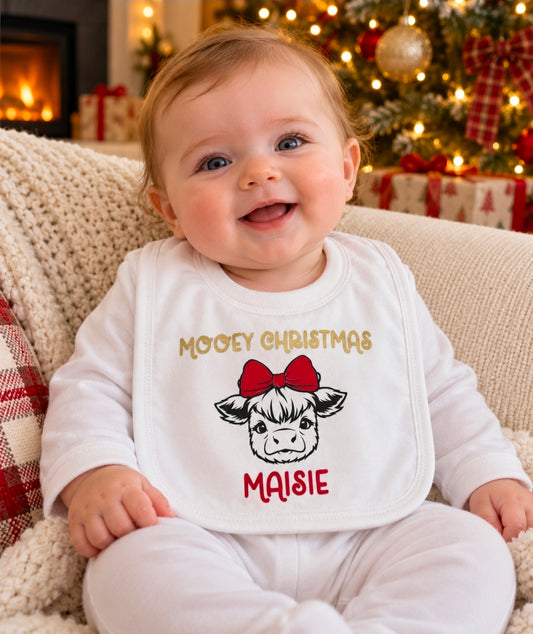 Baby Girls Mooey Christmas Highland Cow Printed Bib