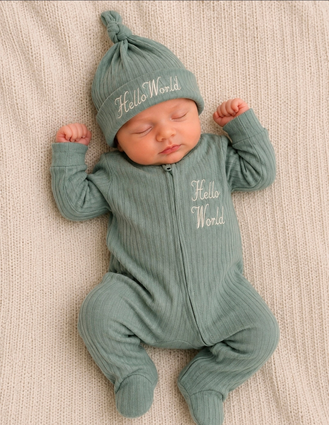 Unisex Baby Sage Green Ribbed Cotton Hello World Zip Up Sleepsuit And Hat