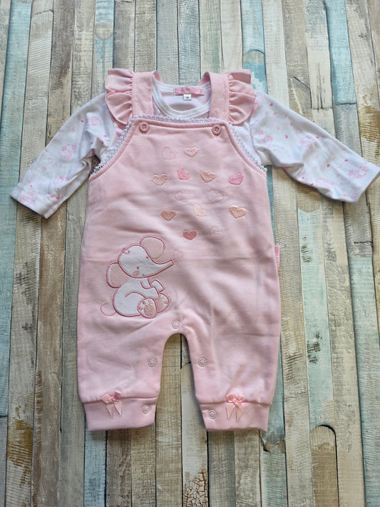 Baby Girls Pink Elephant And Hearts Design Dungaree Set