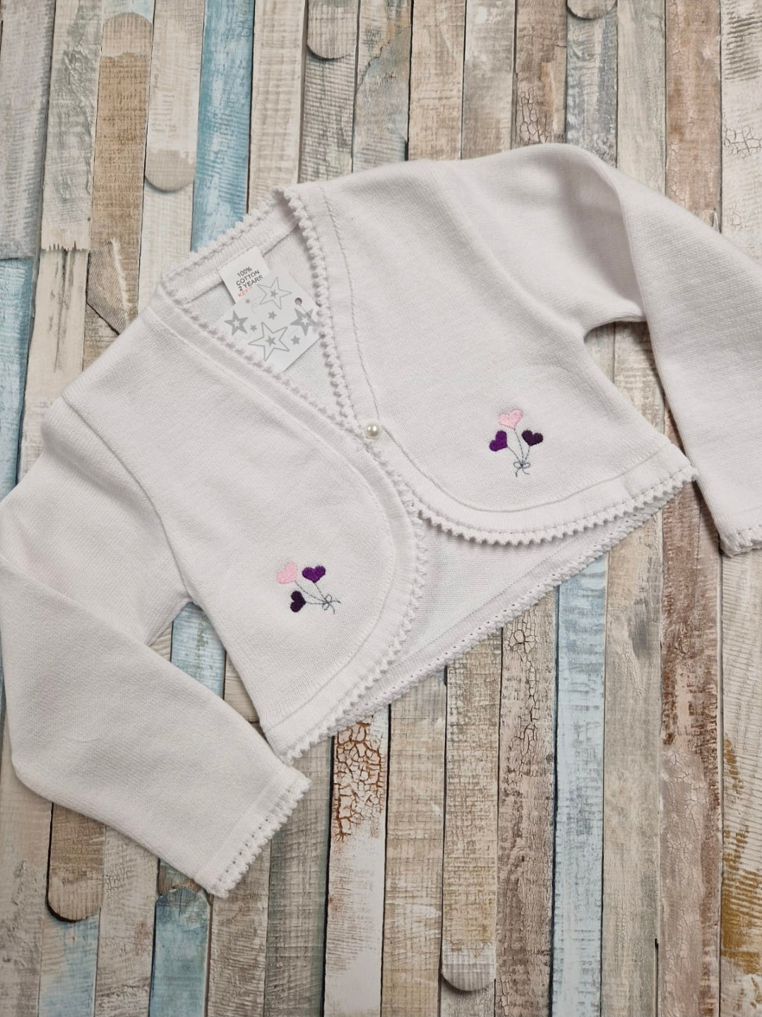 Baby  Girls White Bolero Cardigan Embroidered With Lilac Balloon Design