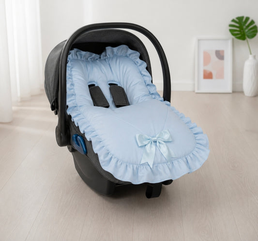 Baby Boys Blue 3 Point Harness Car Seat Footmuff With Blue Satin Bow