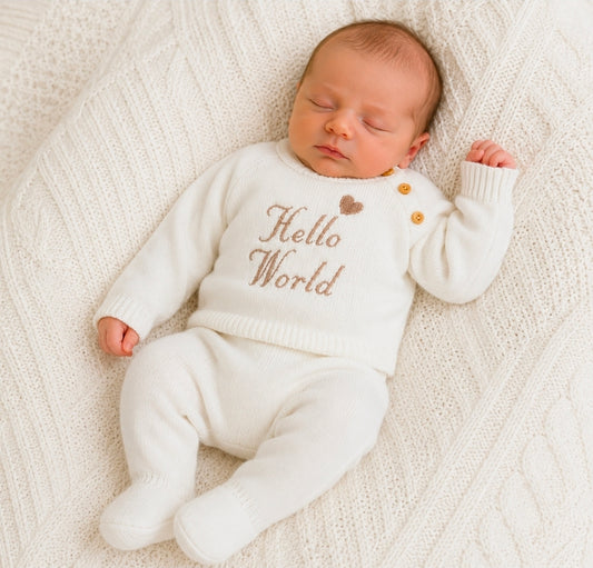 Unisex Baby 2 Piece White Knitted Set With Embroidered Hello World Design