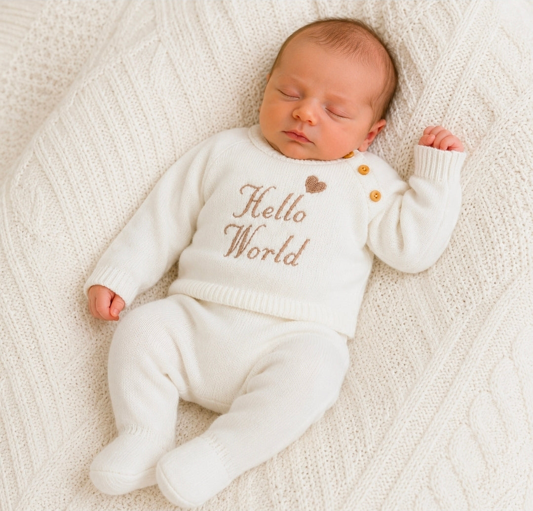 Unisex Baby 2 Piece White Knitted Set With Embroidered Hello World Design