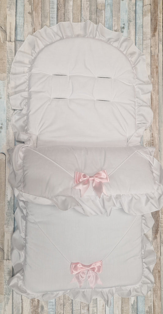 Baby White And Pink 2 Satin Bow Universal Pushchair Footmuff/Cosytoes