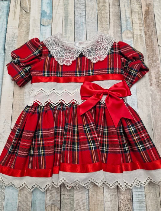 Baby Girls Red Tartan Dress With Red 1 Satin Bow