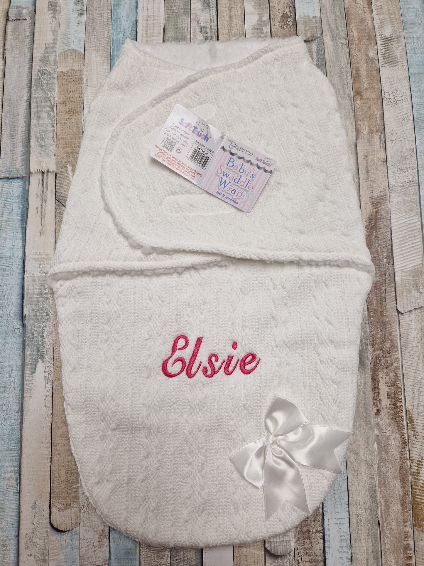 Personalised Unisex Baby White New Cable Style Swaddle With Satin Bow
