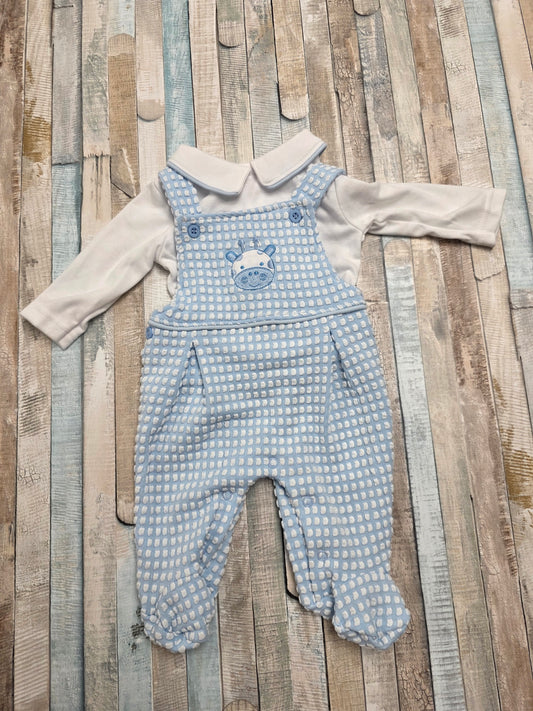 Baby Boys Blue And White Giraffe 2 Piece Dungaree Set