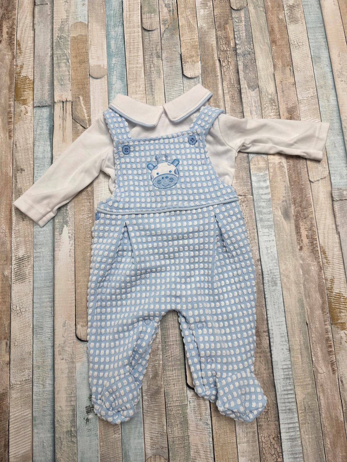 Baby Boys Blue And White Giraffe 2 Piece Dungaree Set