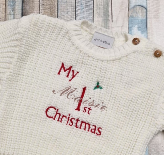 Baby 1st Christmas Personalised White Knitted Romper