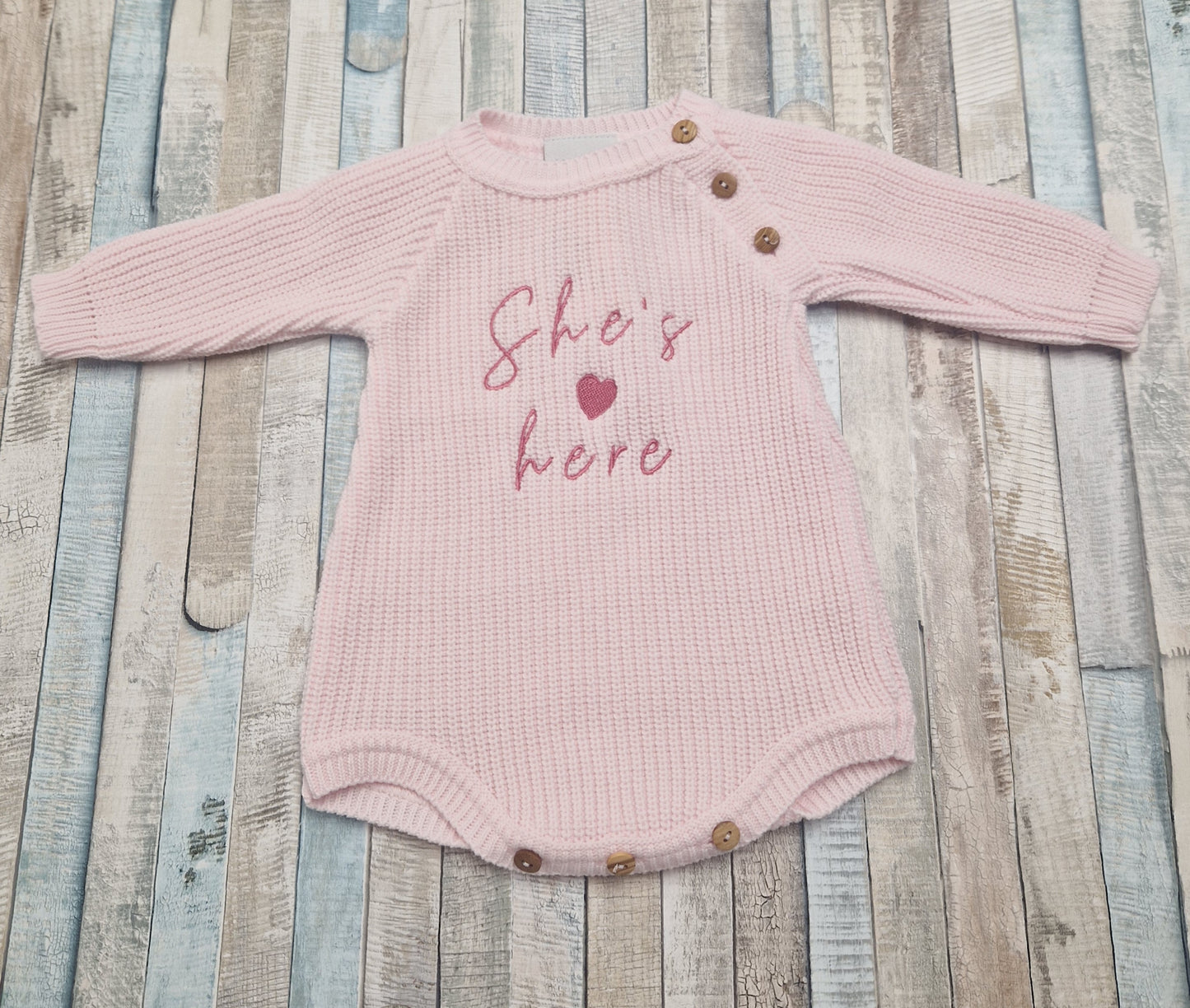 Baby Girls She's Here Long Sleeved Knitted Romper